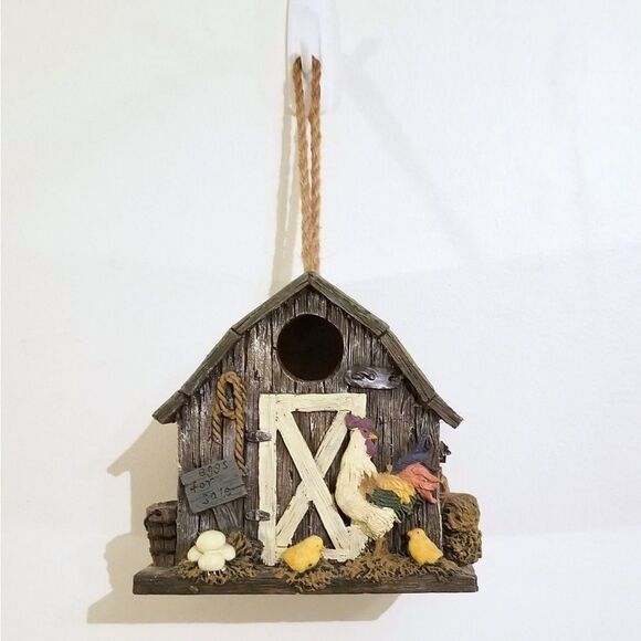 Vintage Rustic Country Barn Birdhouse with Rooster and Chicks Resin Home Garden - Picture 1 of 11